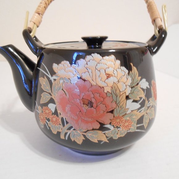 Vintage Japanese Black Floral Teapot - Picture 1 of 13